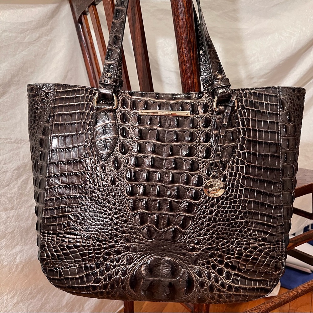 Brahmin gold gray large Graphite Medium Lena shoulder bag handbag tote embossed